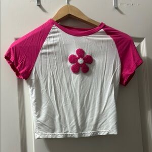 Pink and White Flower Appliqué T-Shirt